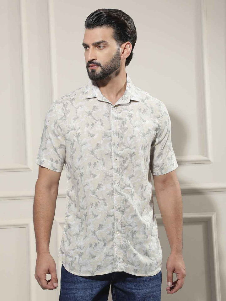 Grey Floral Print Linen Shirt