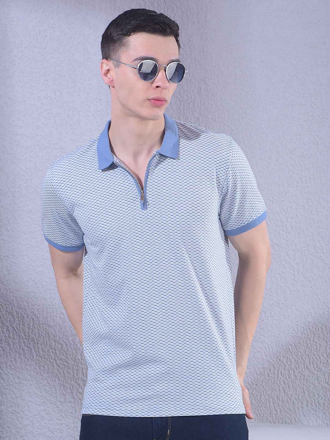 Stylish Light Blue Zipper Polo T-Shirt