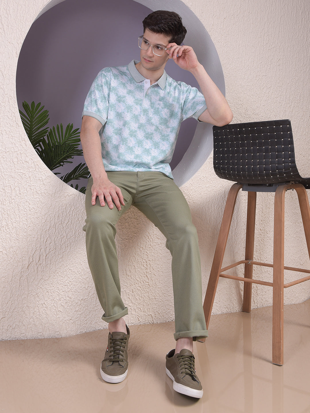 Green Printed Polo Neck 100% Cotton T-Shirt