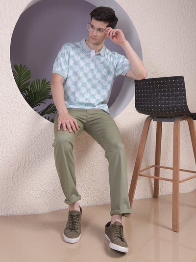 Green Printed Polo Neck 100% Cotton T-Shirt