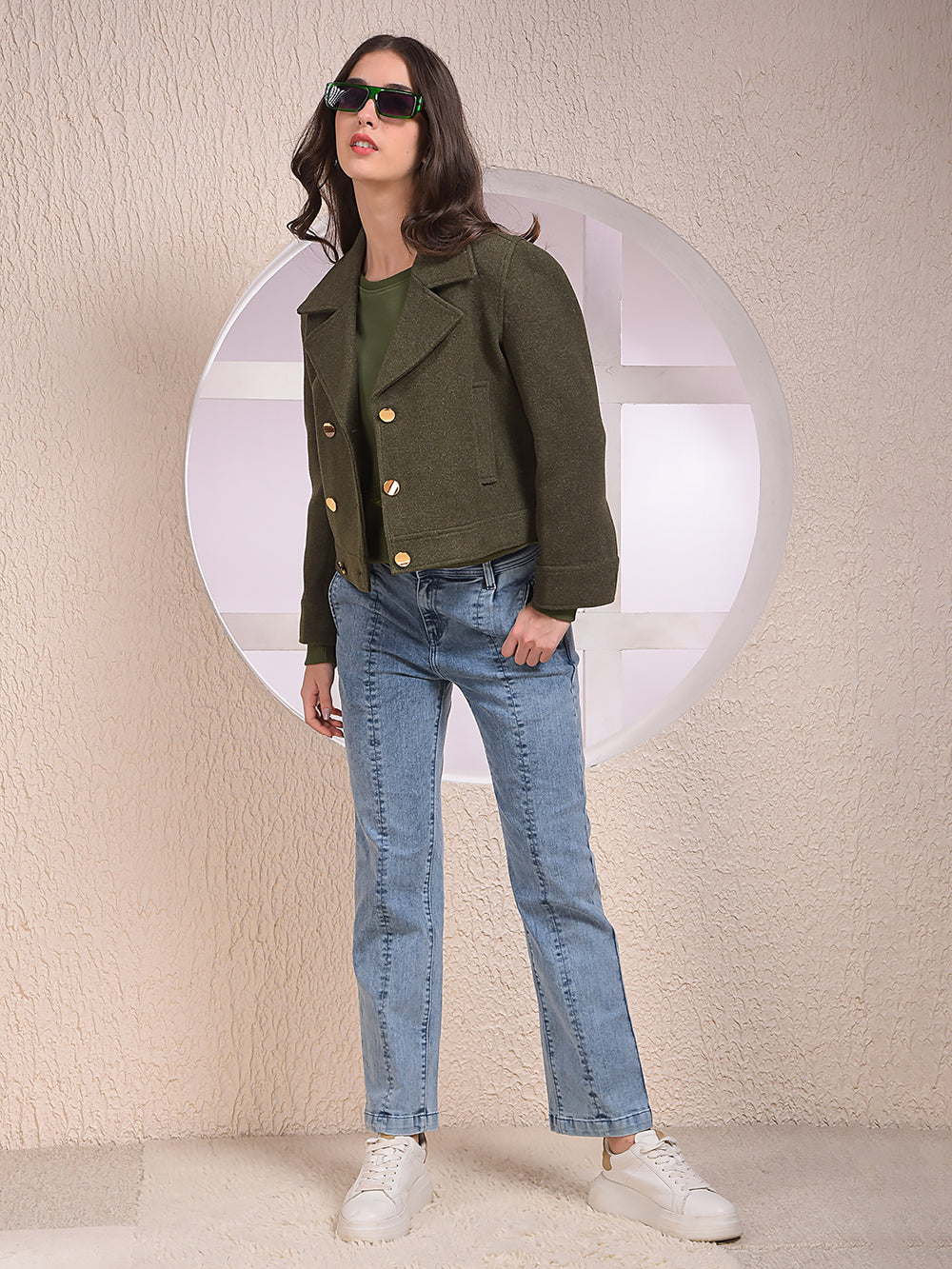 Olive Notched Lapel Double-Breasted Coat