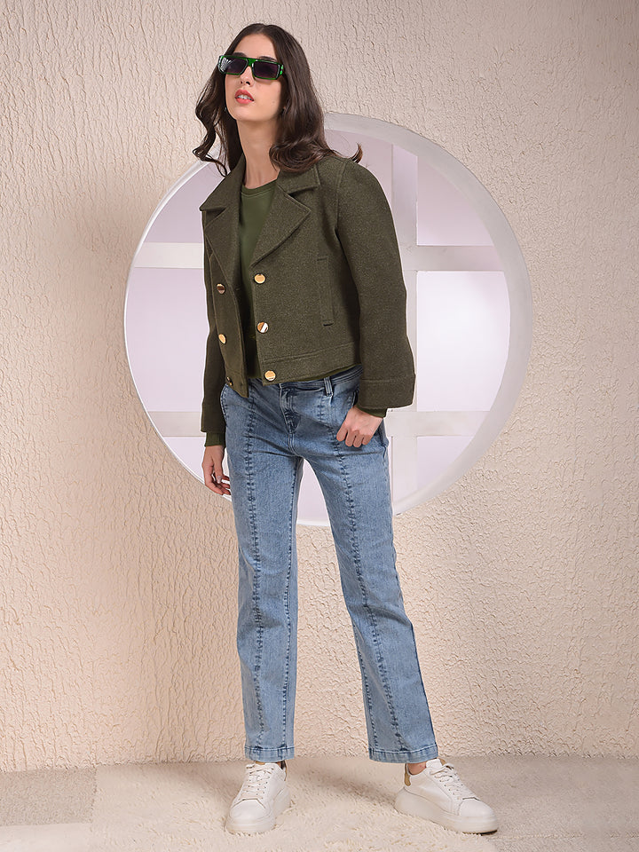 Olive Notched Lapel Double-Breasted Coat