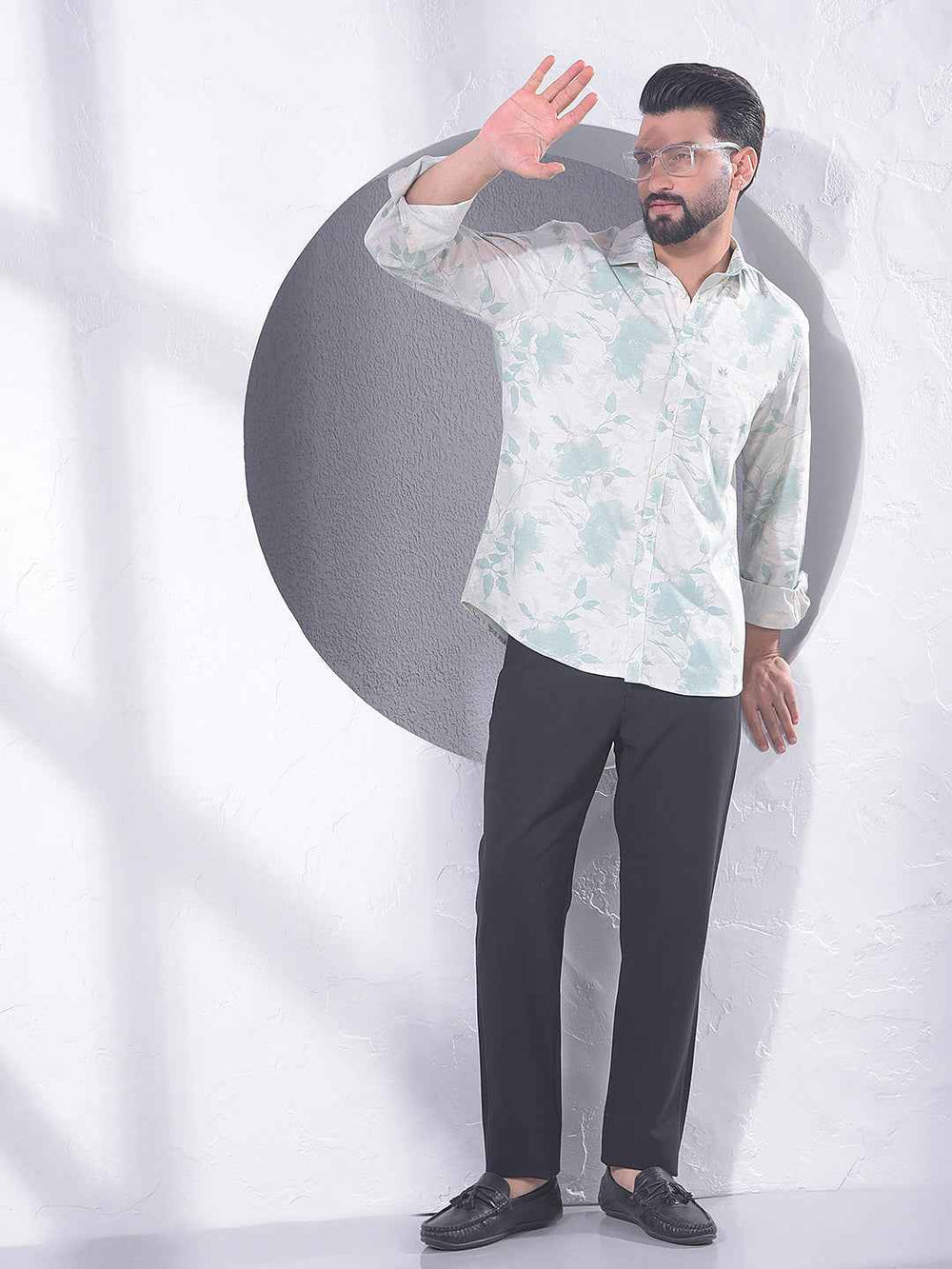 Green Floral Print Linen Shirt