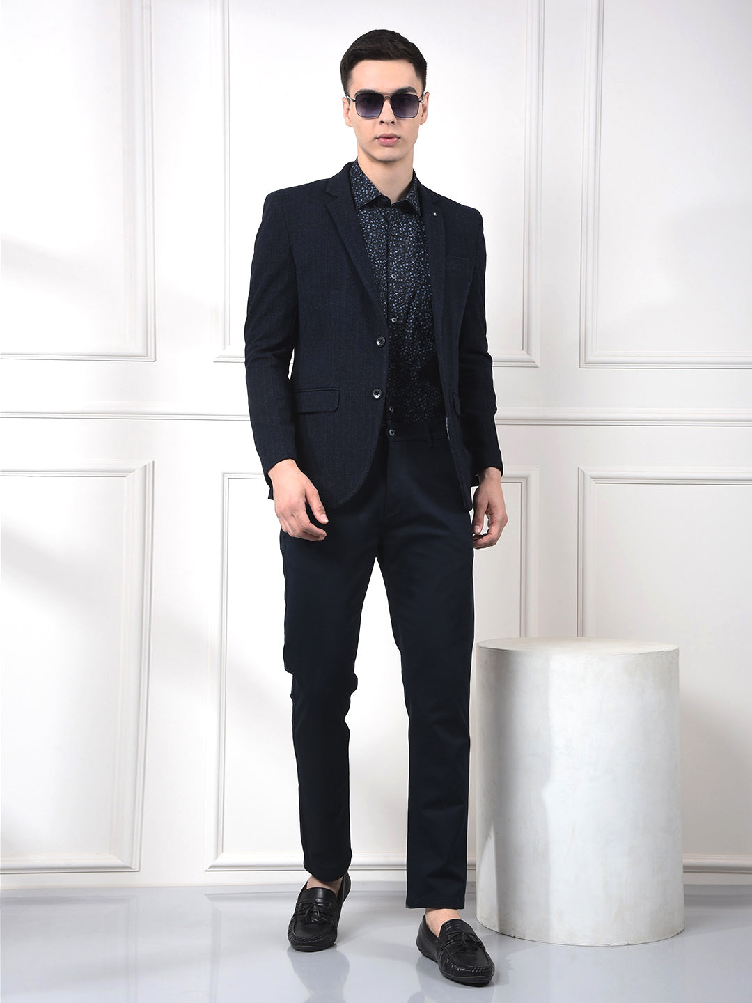 Navy Blue Vertical Stripes Notched Lapel Single-Breasted Blazer