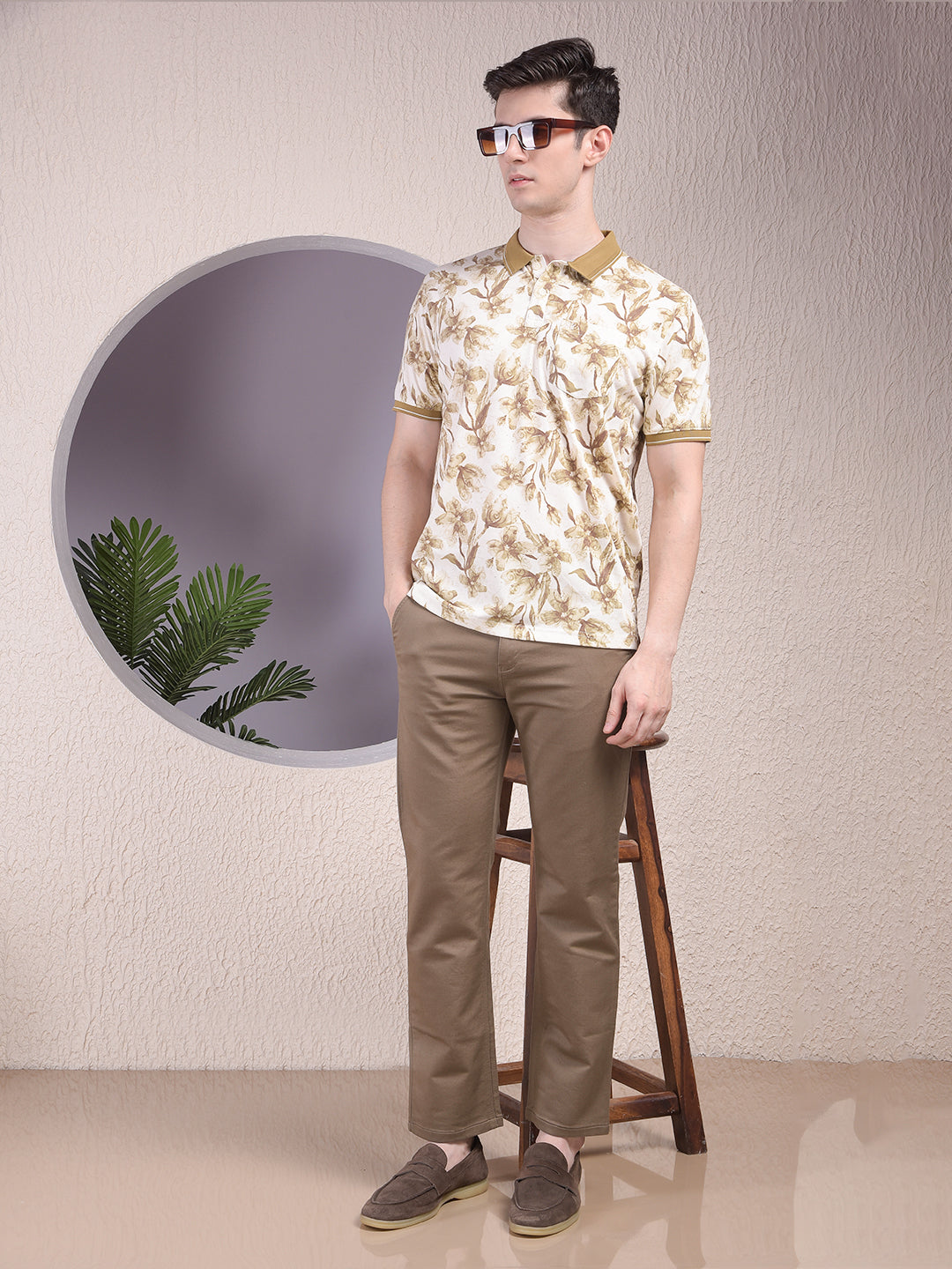 Green Floral Print Polo-Neck T-Shirt