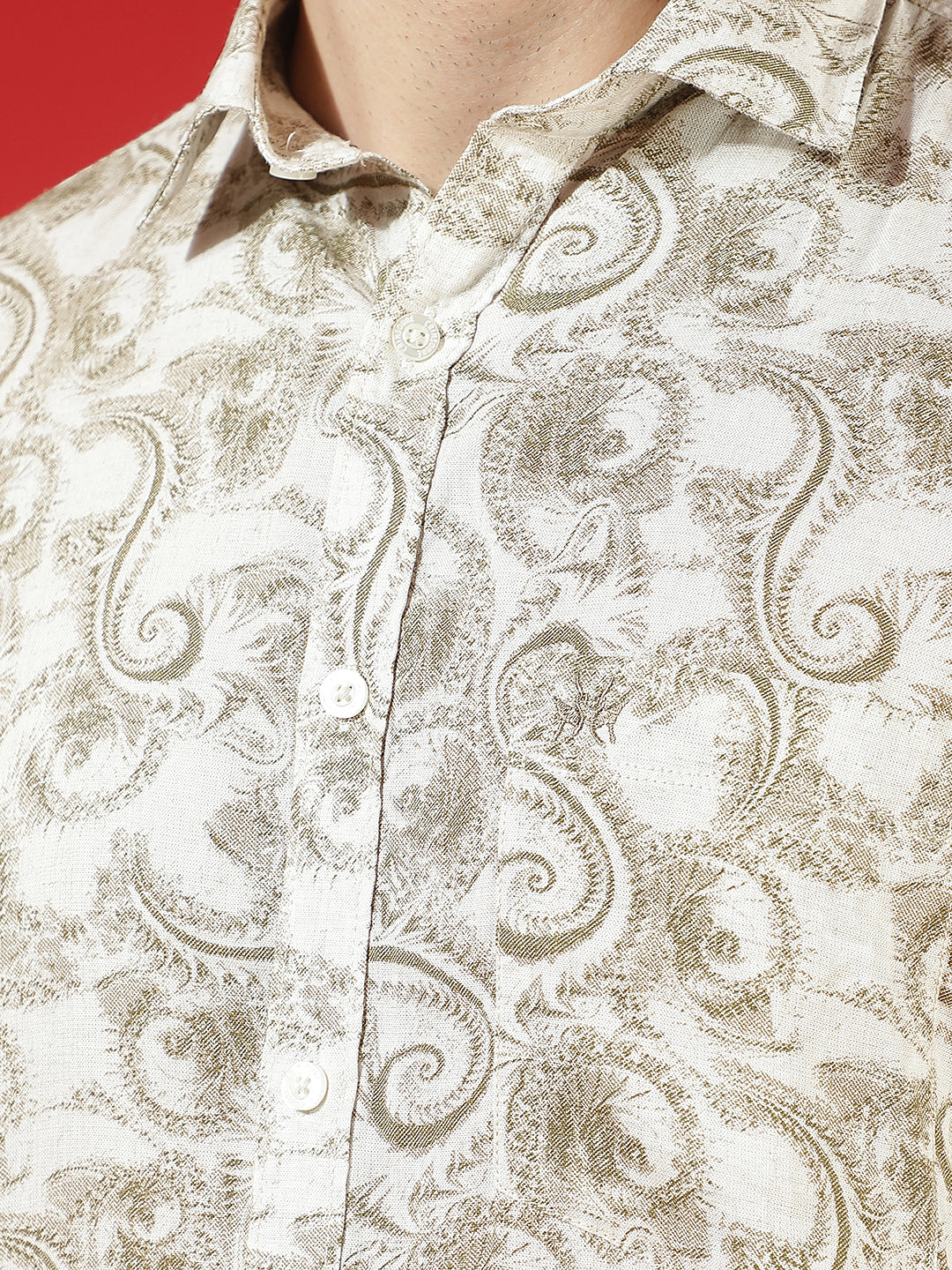 Olive Floral Print Linen Kurta