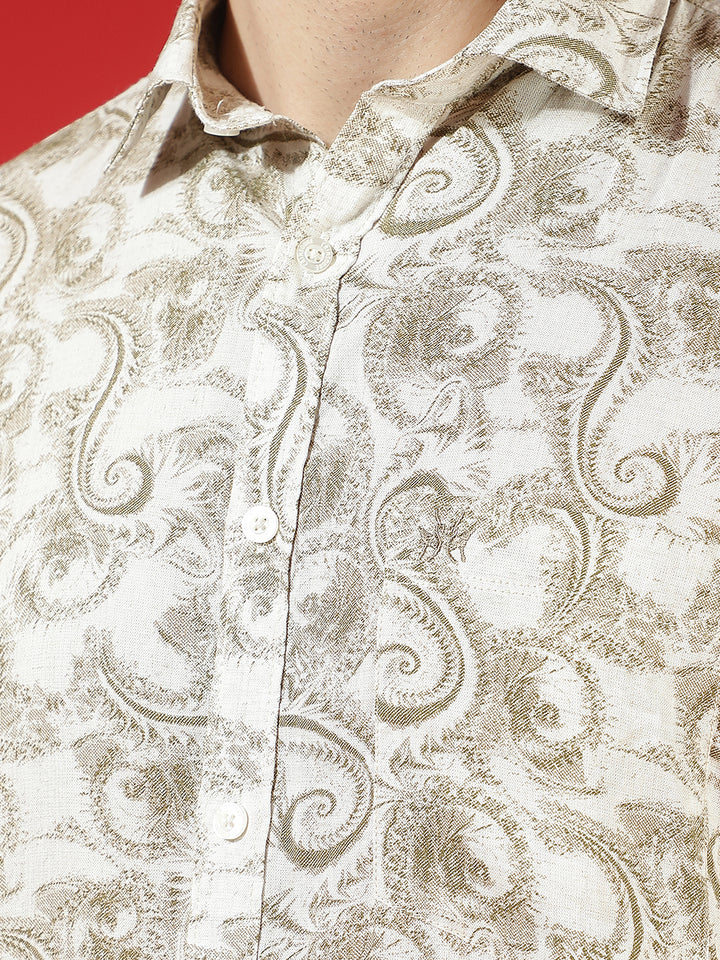 Olive Floral Print Linen Kurta
