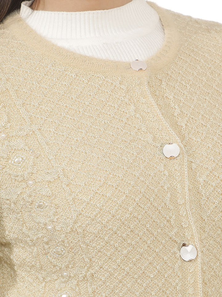 Cream Embellished Mid-Thigh Length Cardigan