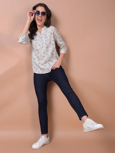 Beige Floral Print V-Neck Linen Top