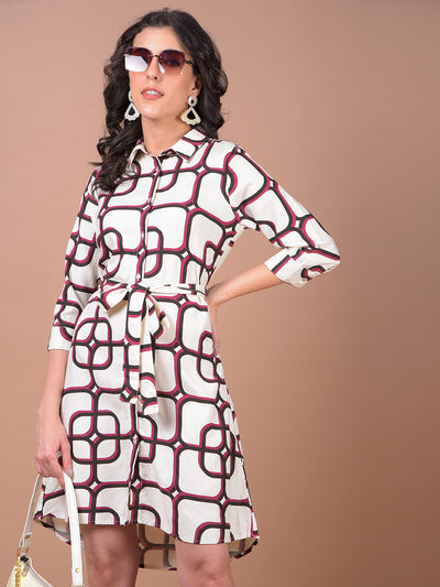White Printed Belted Shirt Dress