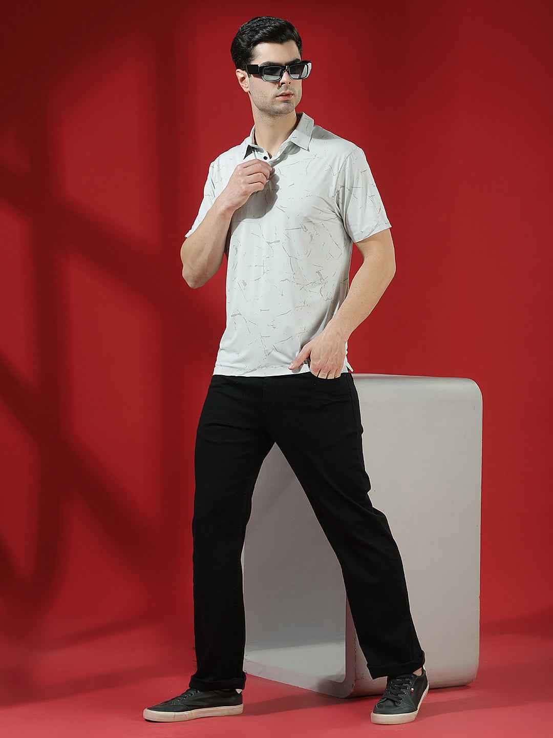 Grey Marble Print Polo T-Shirt