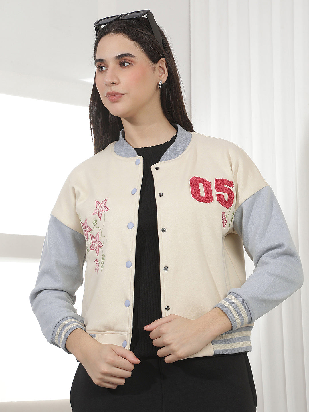 Cream Embellished Varsity Shacket