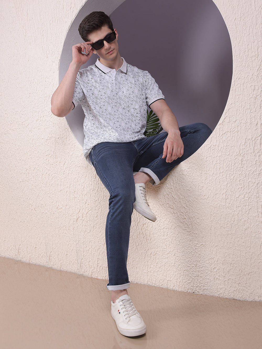 White Printed Polo-Neck T-Shirt