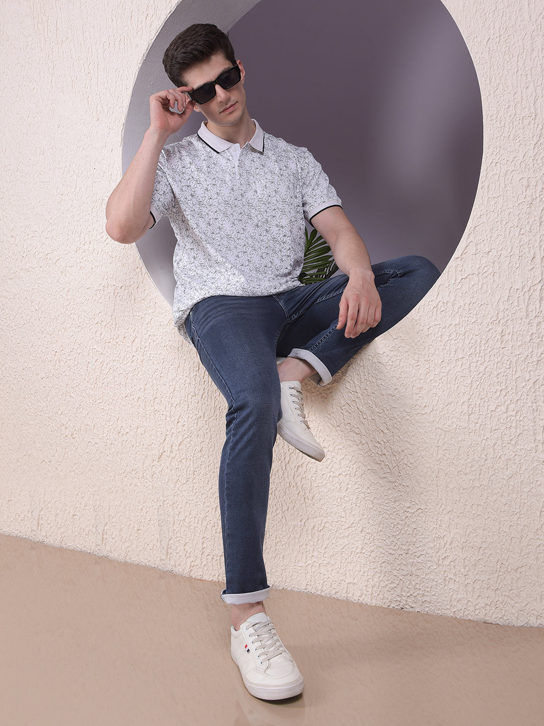 White Printed Polo-Neck T-Shirt