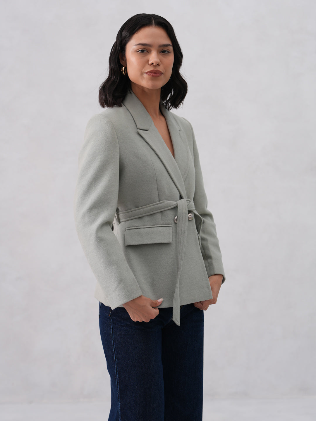 Green Notched-Lapel Belted-Coat