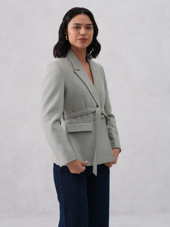 Green Notched-Lapel Belted-Coat