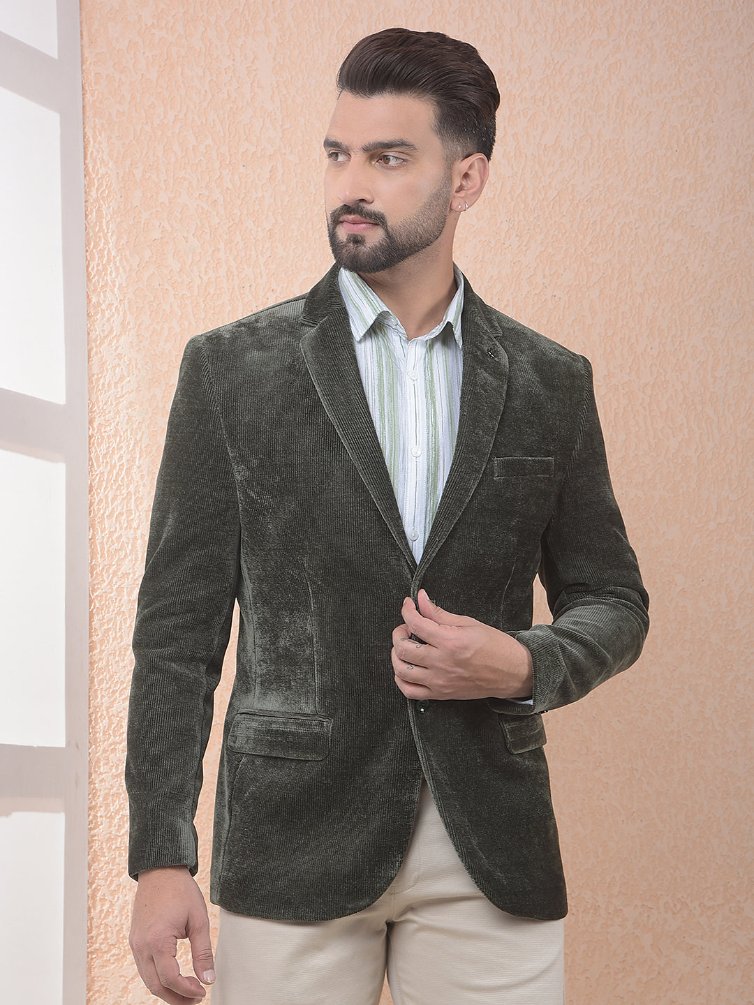 Green Notched Lapel Corduroy Blazer