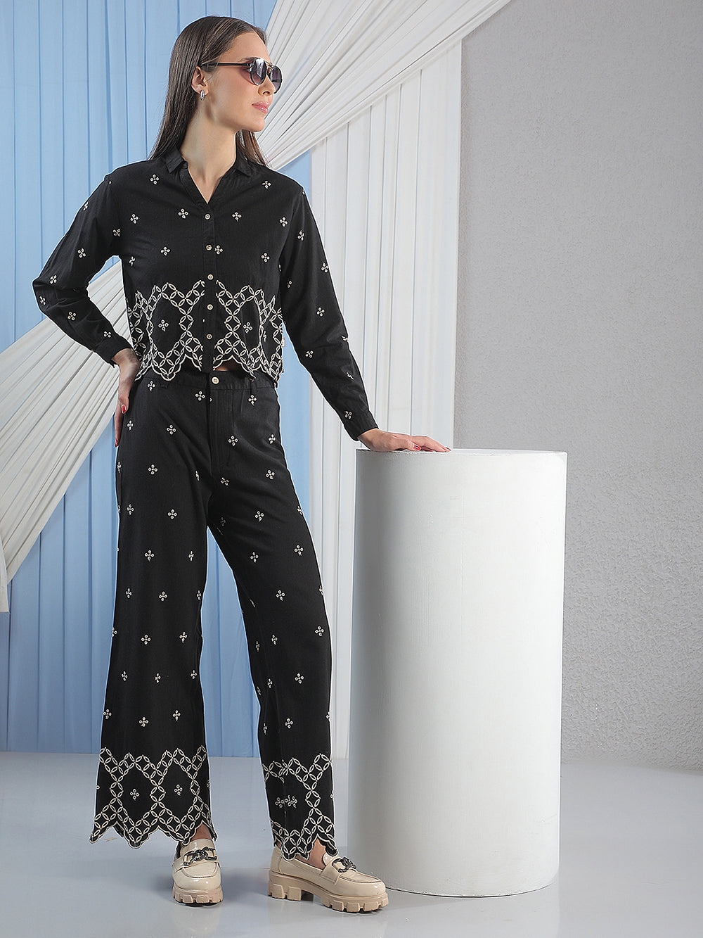 Off White Embroidered Casual Trousers