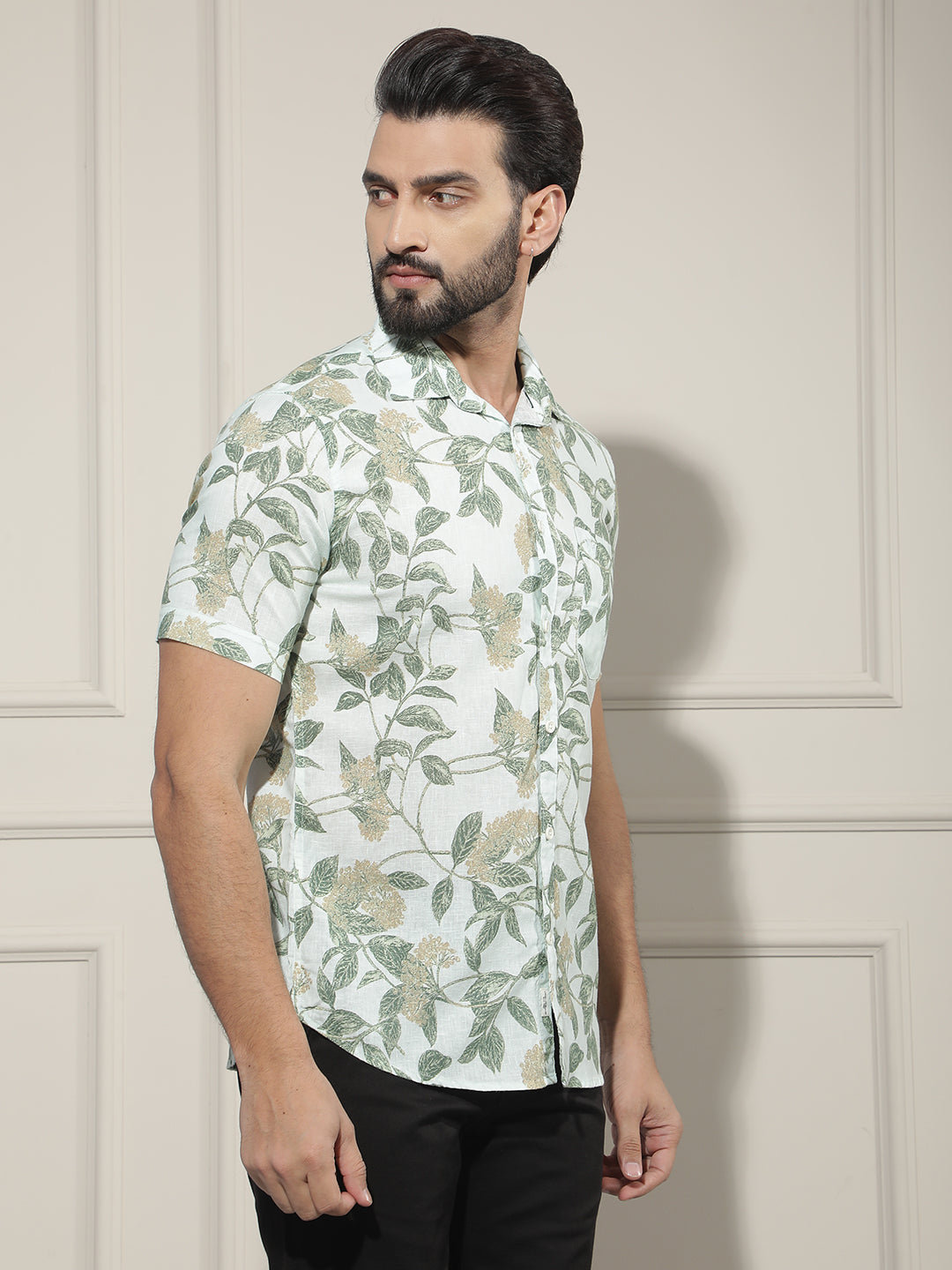 Green Floral Print Linen Shirt
