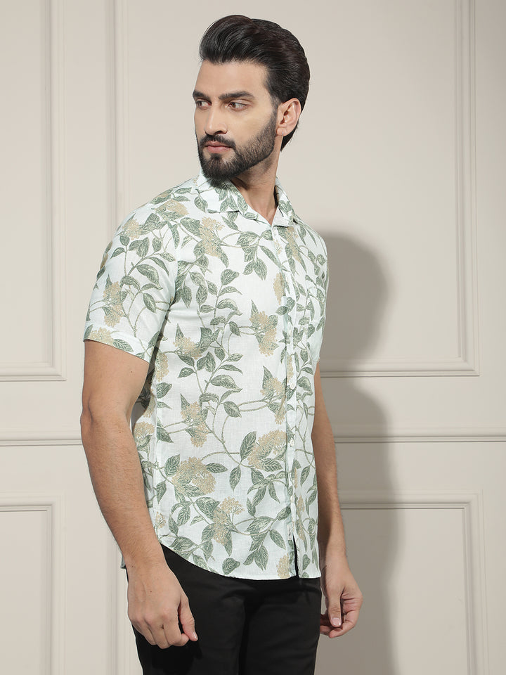 Green Floral Print Linen Shirt