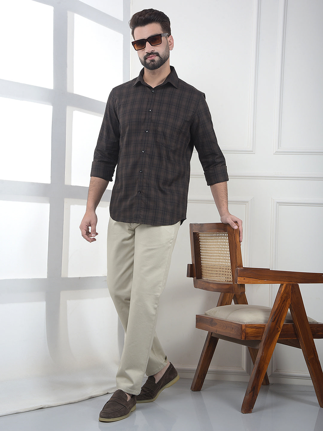 Beige Straight Dobby Trousers