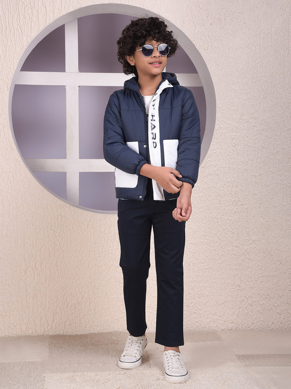 Navy Blue Color-Block Hooded Neck Puffer Jacket