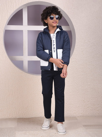 Navy Blue Color-Block Hooded Neck Puffer Jacket
