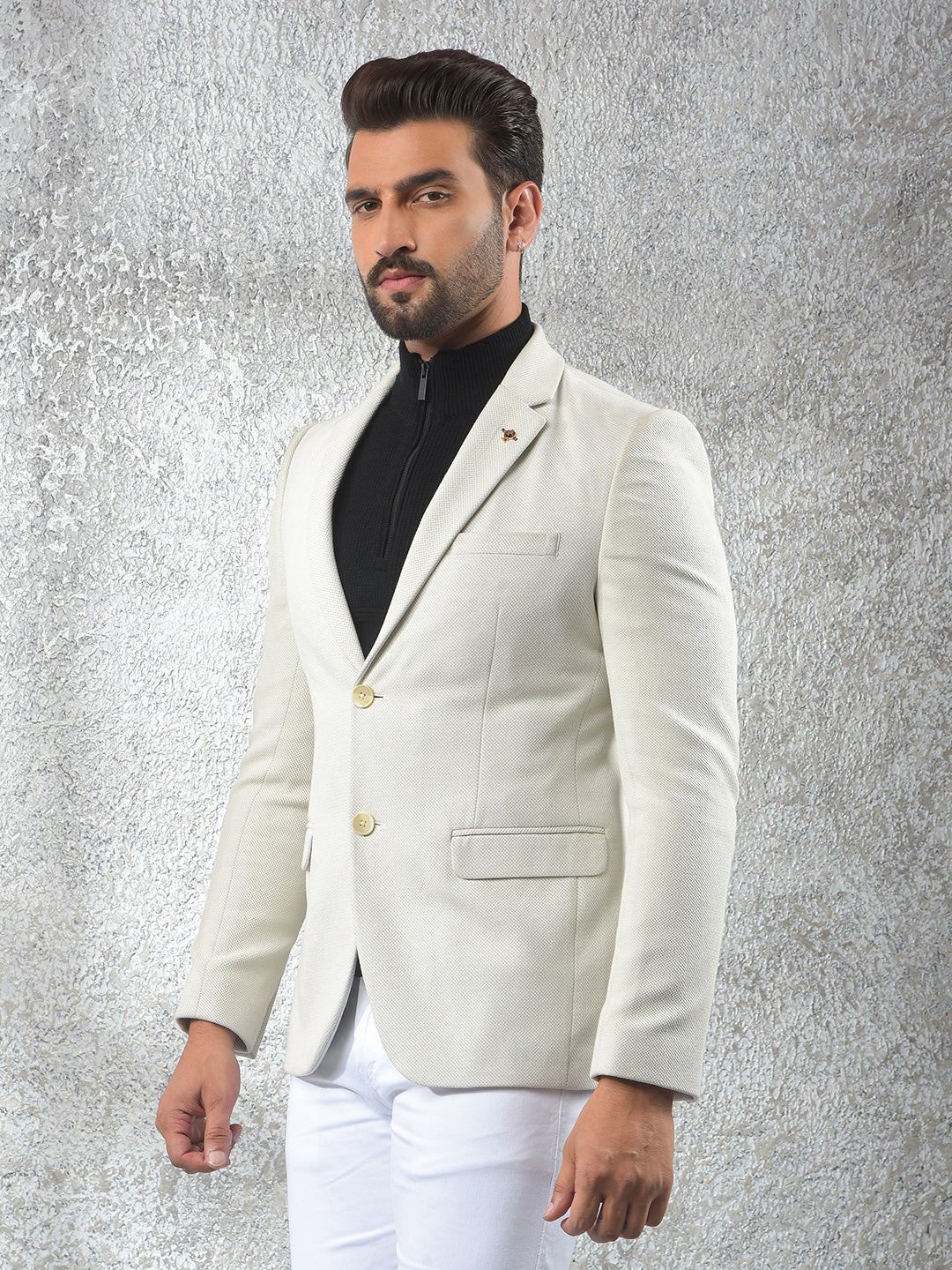Cream Notched Lapel Single-Breasted Blazer