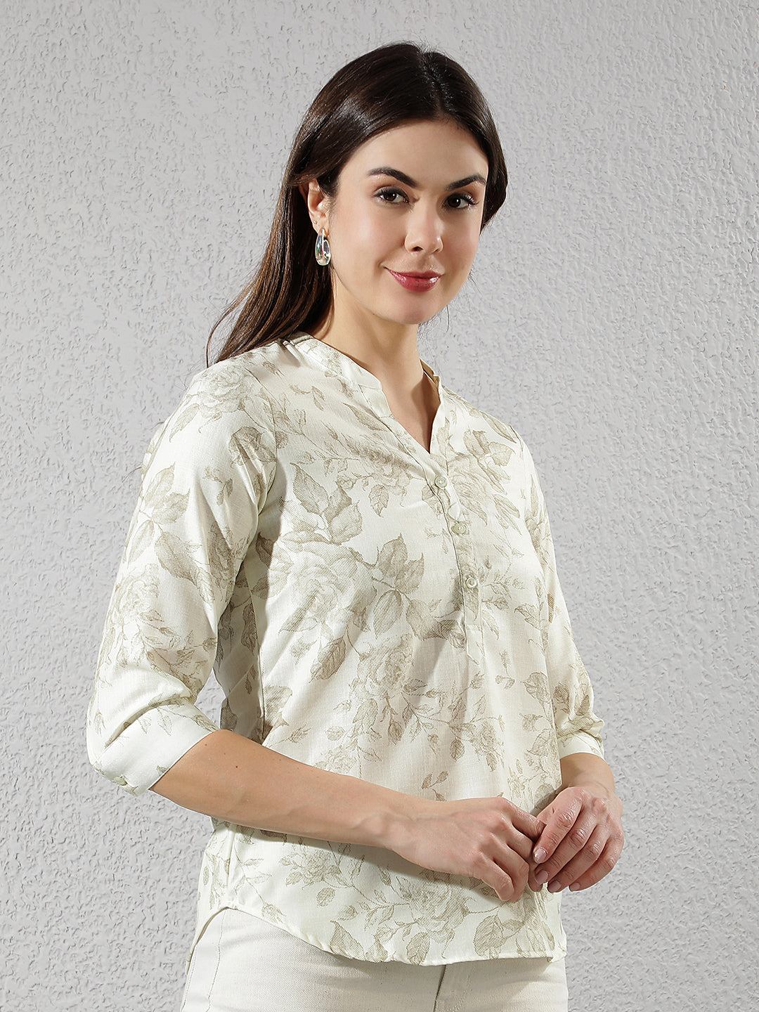 Green V-Neck Floral Printed Top