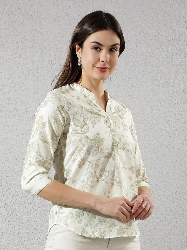 Green V-Neck Floral Printed Top