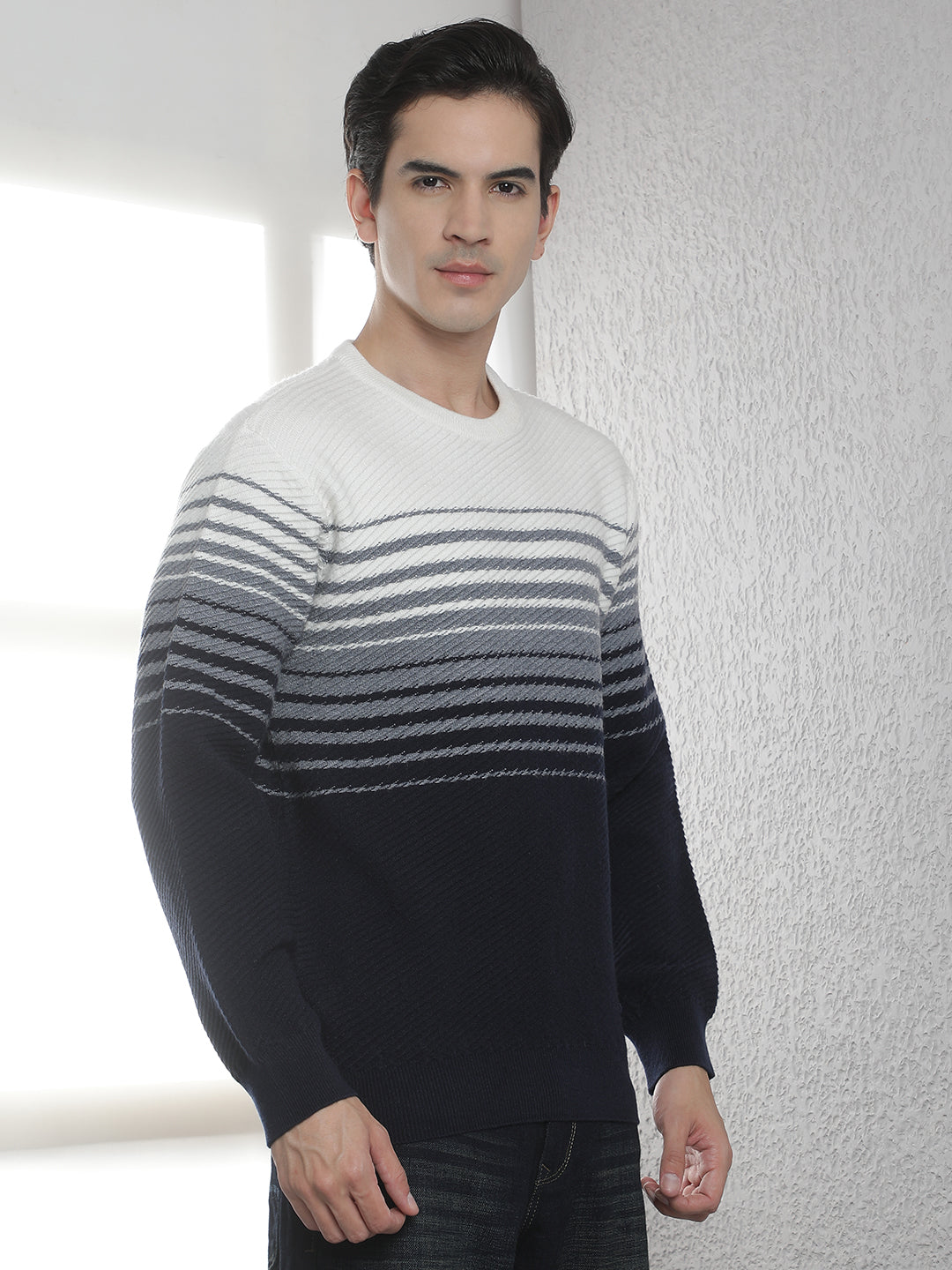 Navy Blue Horizontal Stripes Round Neck Sweater
