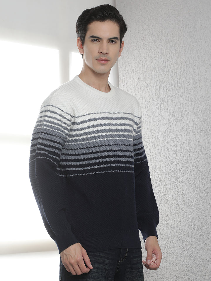 Navy Blue Horizontal Stripes Round Neck Sweater