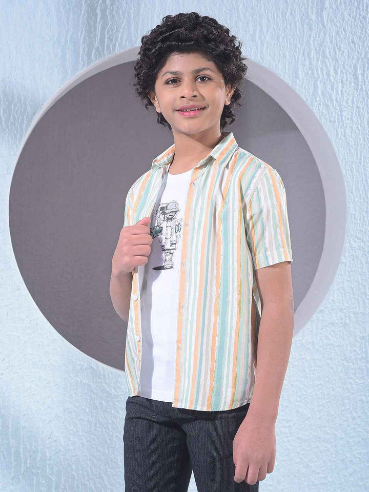 Green Vertical Striped Layered Shirt with T-Shirt