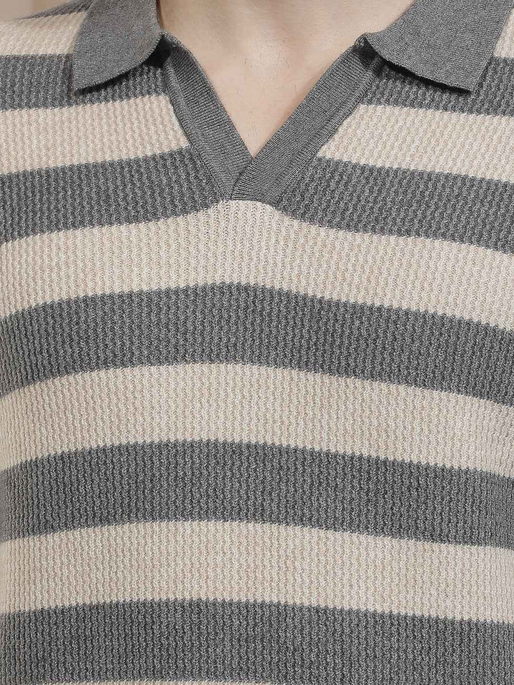 Grey Horizontal Stripes Long Sleeves T-Shirt