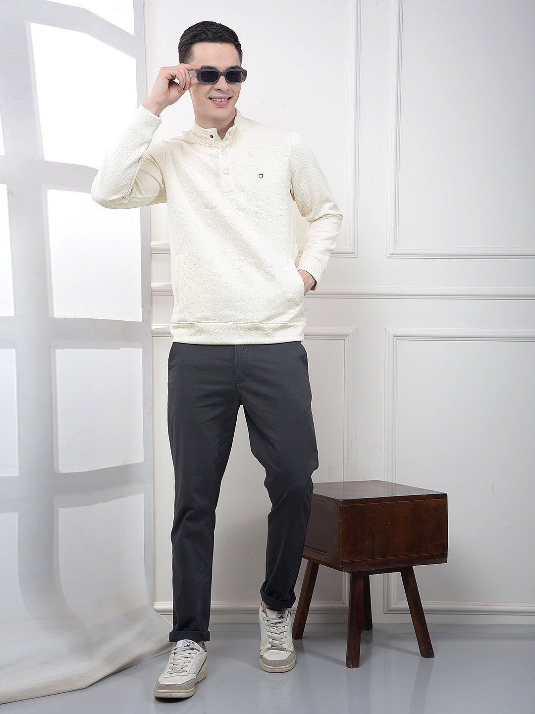 Cream Embossed Polo Sweatshirt