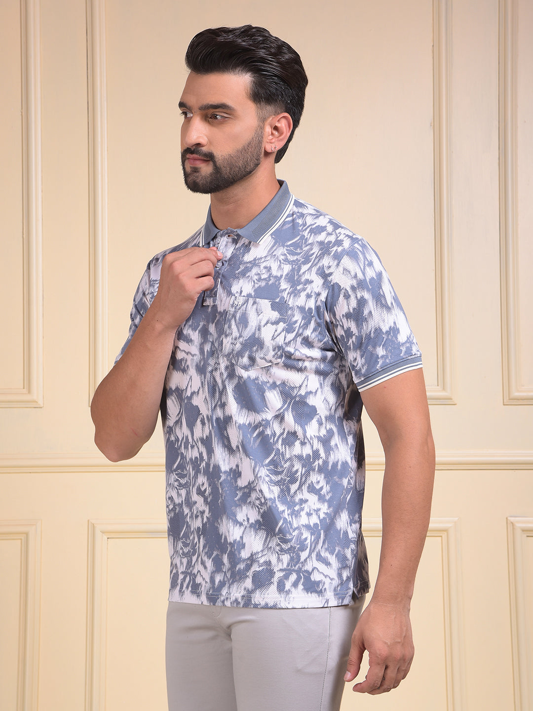 Blue Abstract Print Polo Neck T-Shirt
