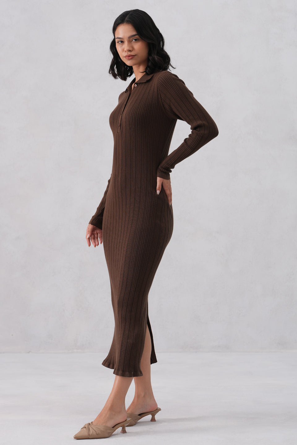 Brown Vertical Stripes Winter Bodycon Dress
