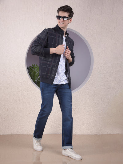 Sleek Navy Blue Checked Sweatshirt