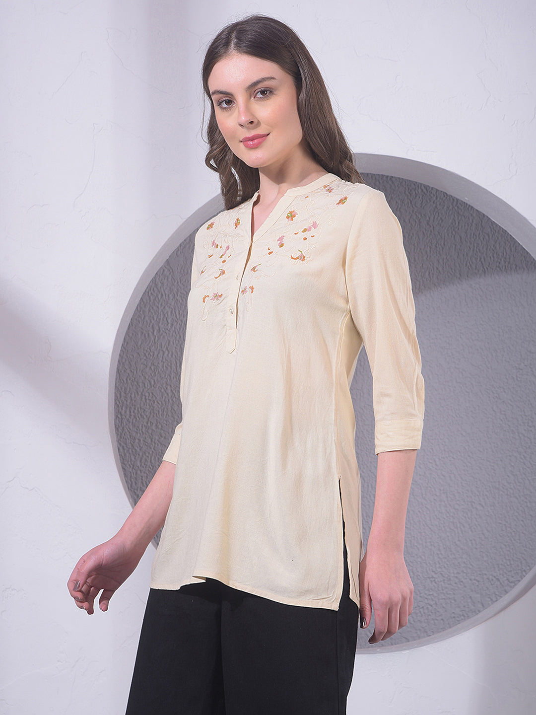 Beige Embroidered V-Neck Top