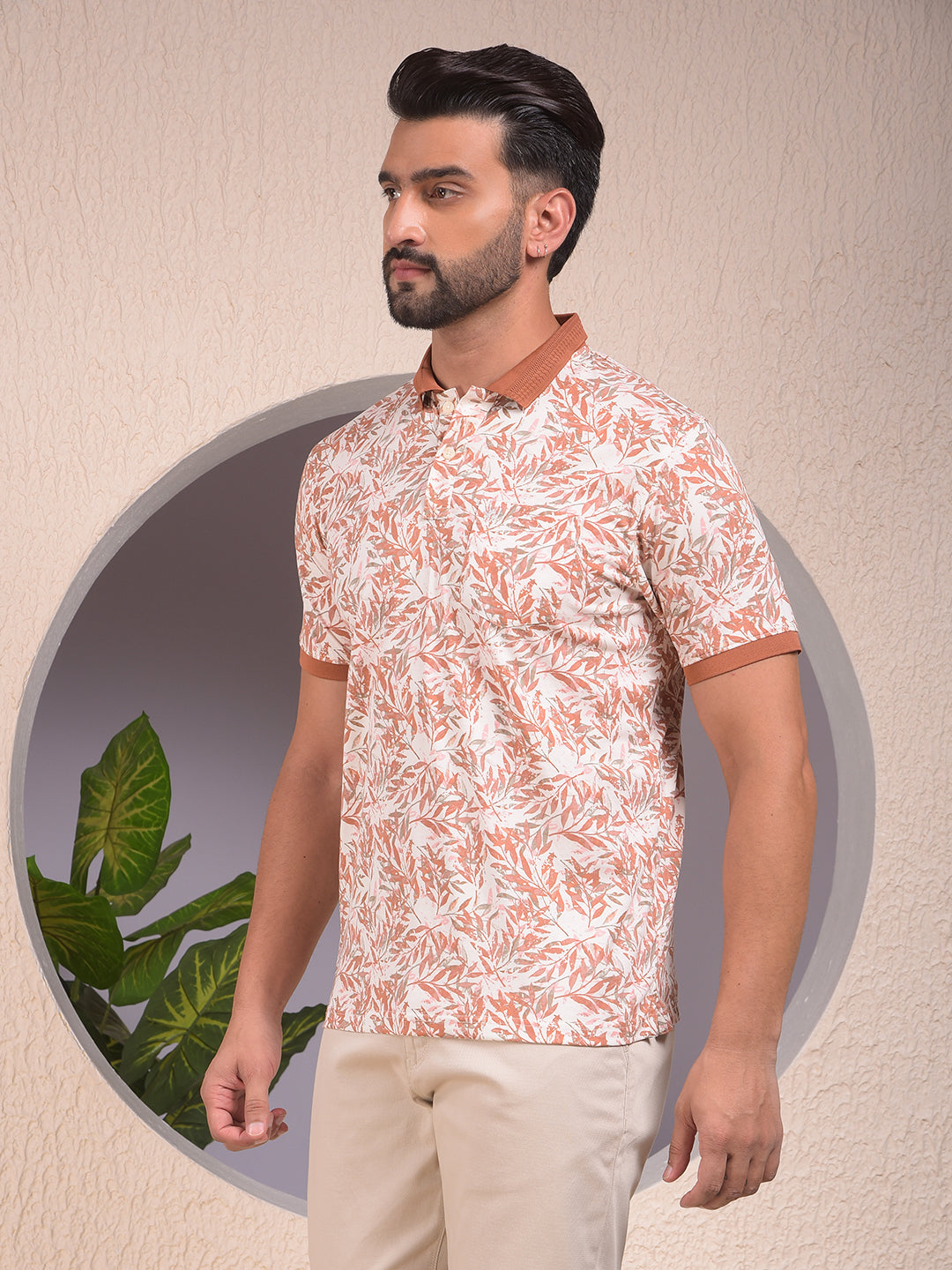 Orange Floral Print Polo Neck T-Shirt
