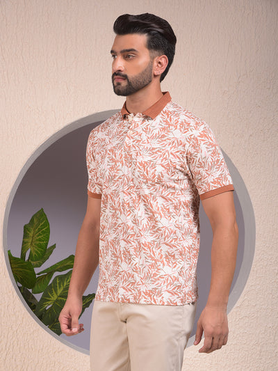 Orange Floral Print Polo Neck T-Shirt