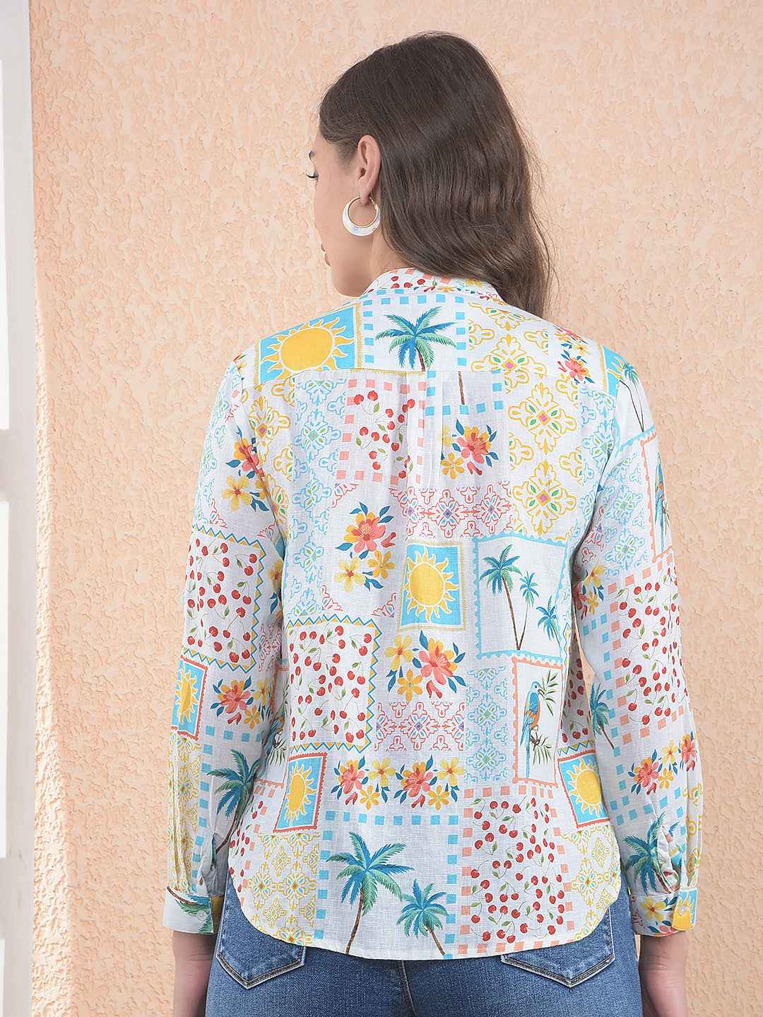 White Floral Print Linen Shirt