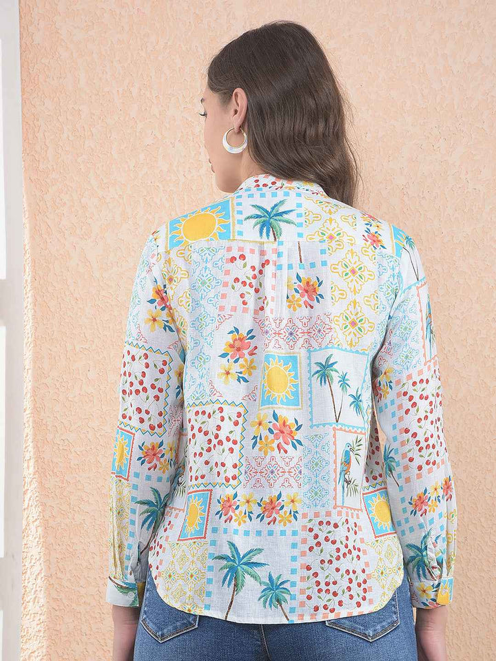 White Floral Print Linen Shirt