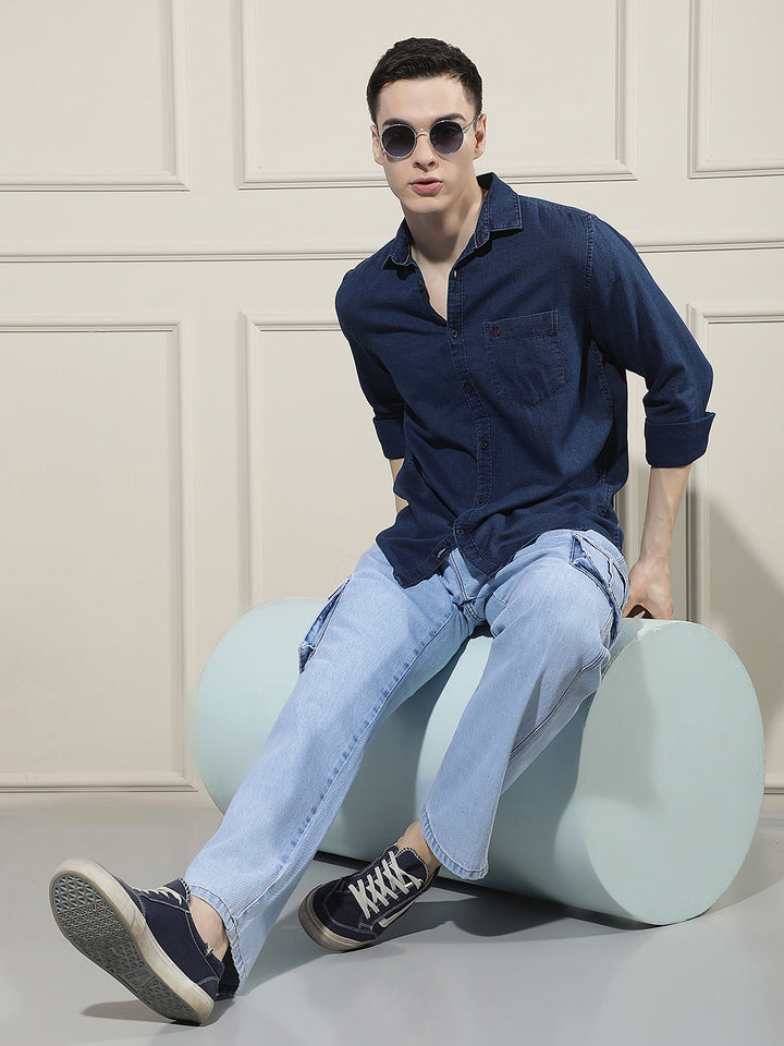 Navy Blue 100% Cotton Denim Shirt