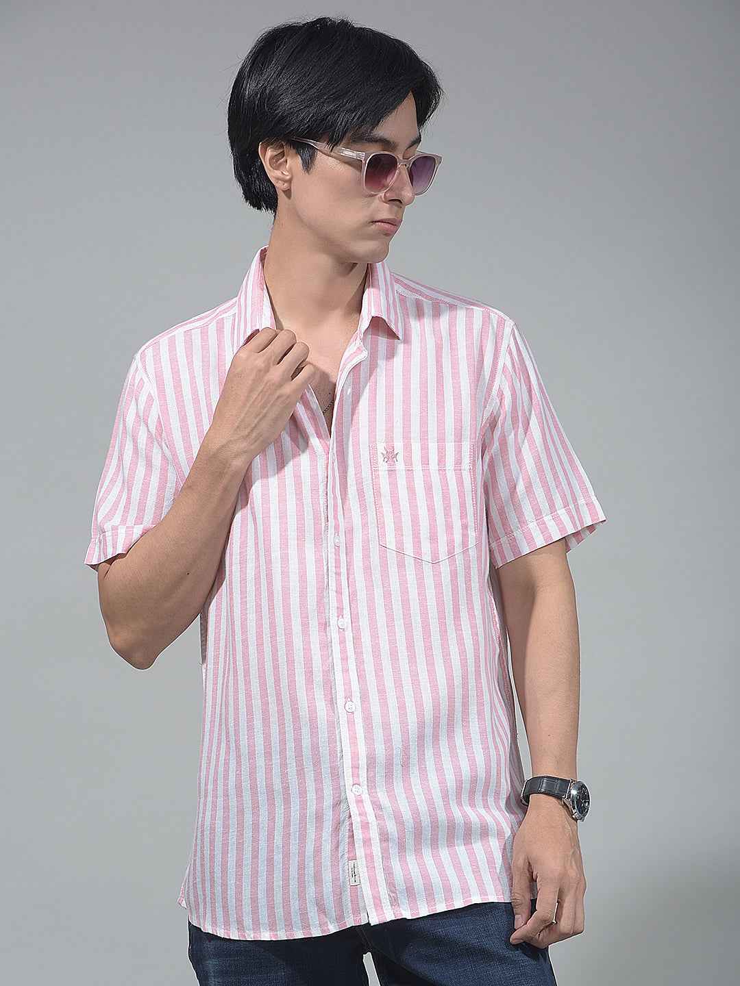 Peach Vertical Striped Linen Shirt