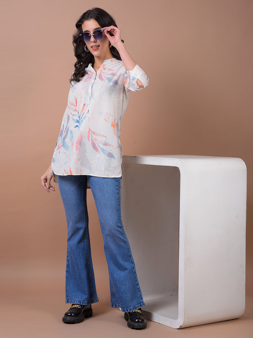 Orange Floral Print V-Neck Linen Top