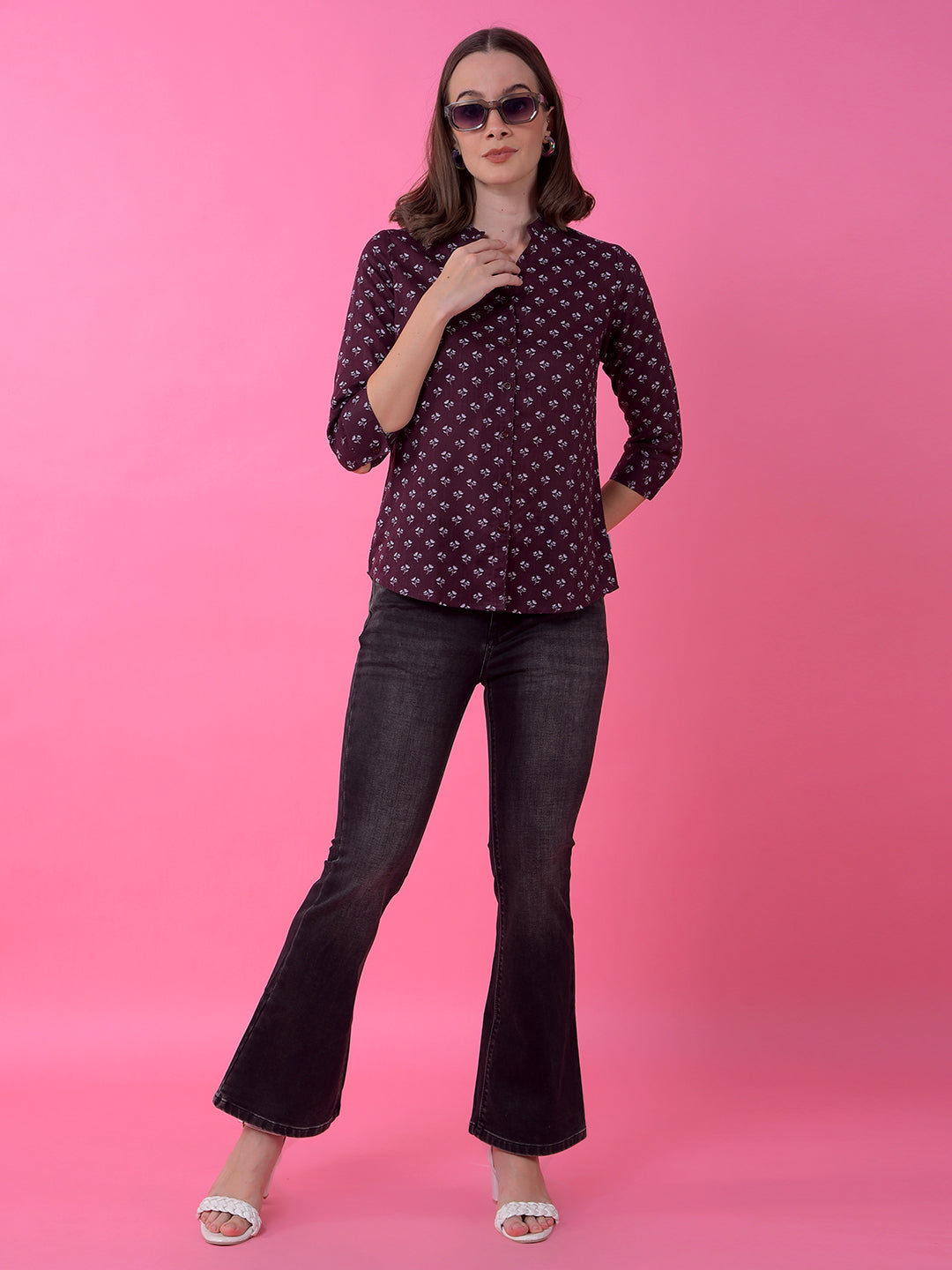 Wine Floral Print V-Neck Shirt