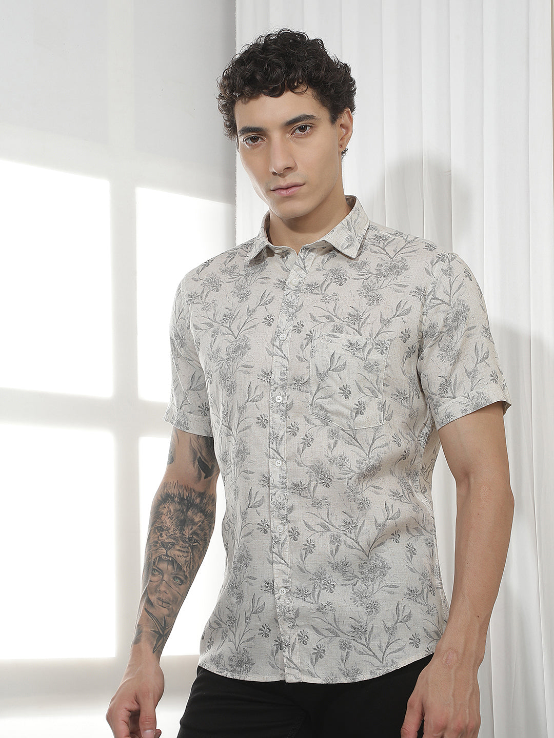 Grey Floral Print Linen Shirt