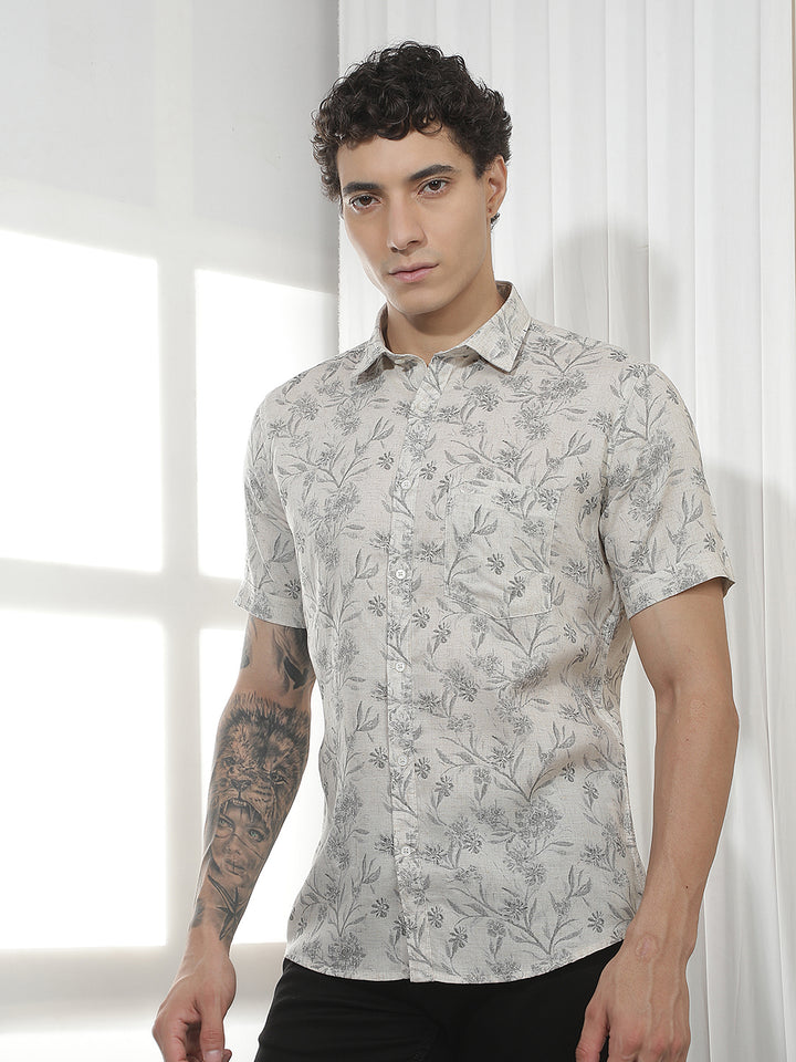 Grey Floral Print Linen Shirt