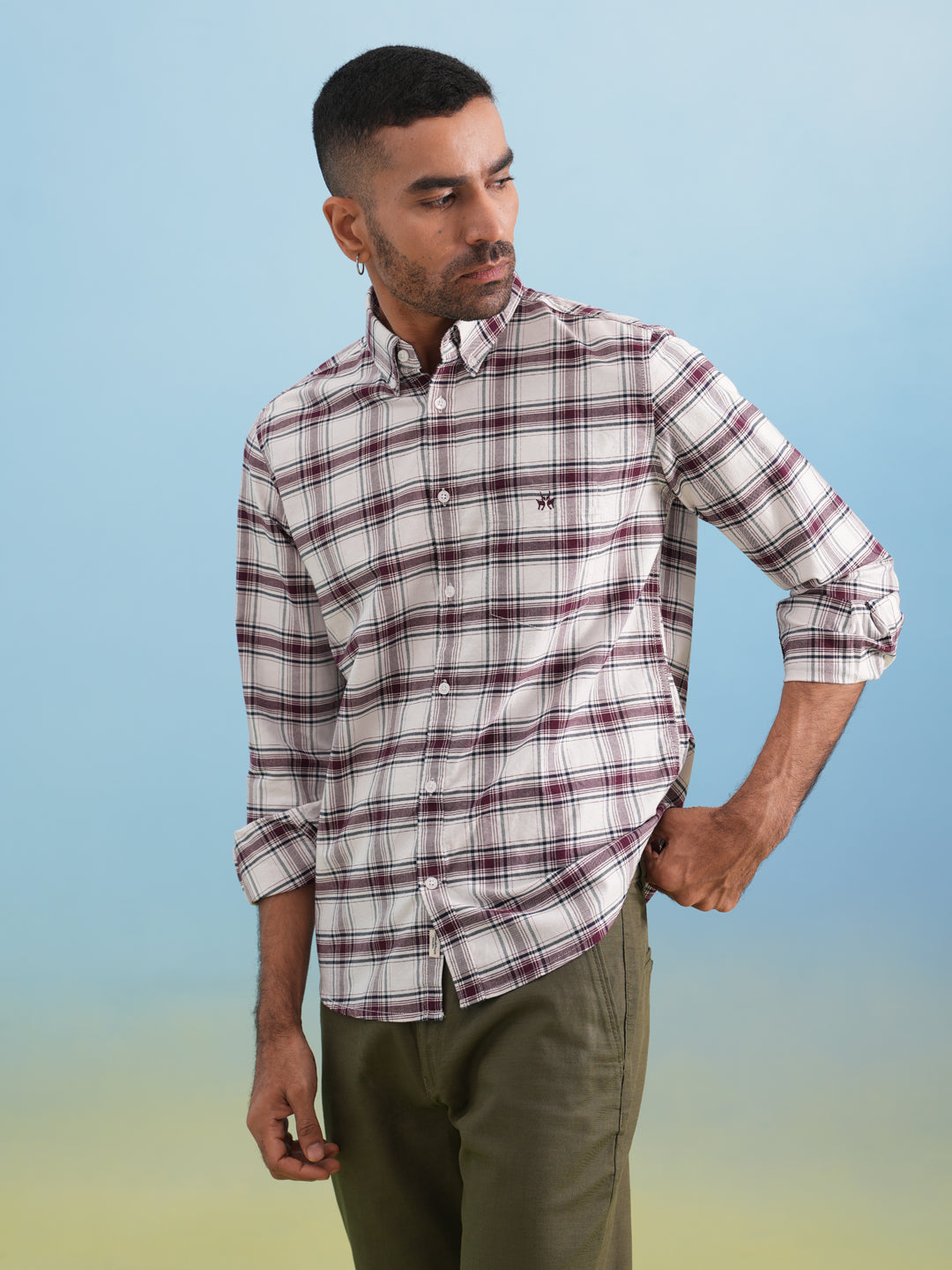 Maroon Checked 100% Cotton Button-Down Collar Shirt